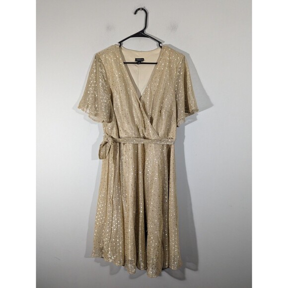 Torrid Gold Metallic Polka Dot Short Sleeve Faux Wrap Dress Women Plus Size 1X - Picture 2 of 9
